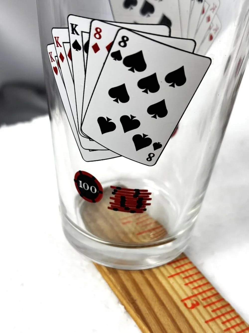 VTG Barware Set of 4 Beer Glasses Full House Playing Cards  w/ Poker Chips